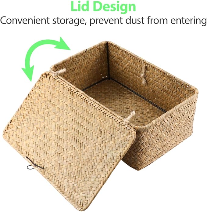 IMIKEYA Seaweed Baskets with Lids: Woven Baskets Seagrass Storage Woven Basket Straw Desktop Rattan Storage Basket Hand-Woven Storage Basket Organizer for Shelf Desktop Home Decor