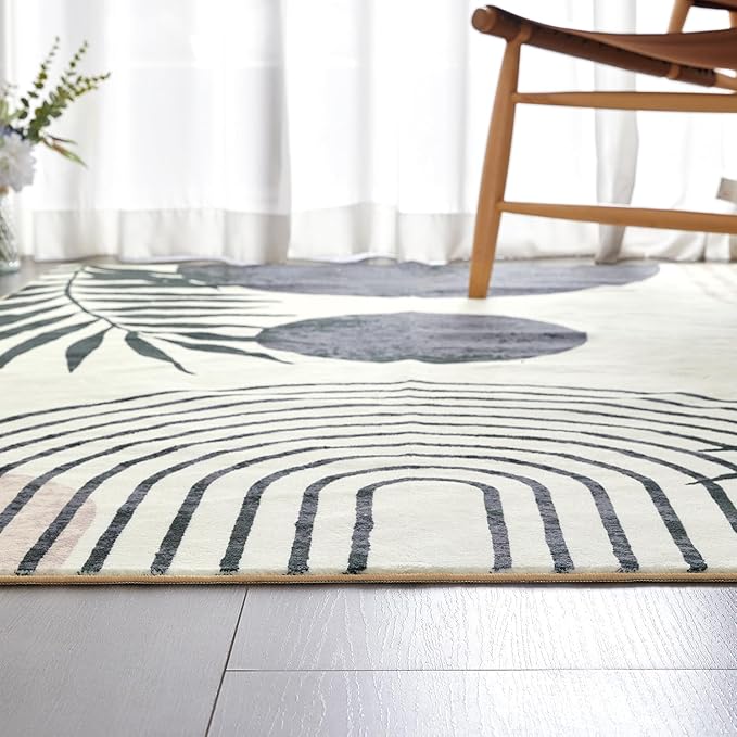 RoomTalks Mid Century Modern Living Room Rug Washable 5x7 Rug, Black Boho Cute Aesthetic Area Rugs Carpet for Bedroom Dining Room Office, Vintage Abstract Leaves Thin Indoor Entryway Rug Carpet