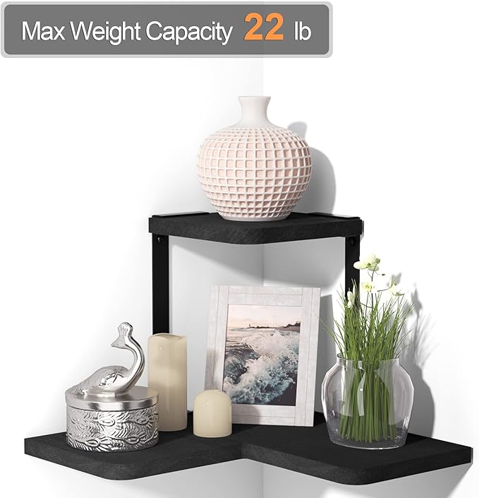 SRIWATANA Rustic Corner Shelf Wall Mounted, 2-Tier Floating Wall Shelves for Bedroom, Living Room, Bathroom, Black