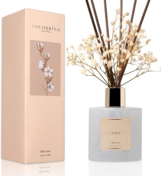 Cocorrína Reed Diffuser Set, 6.7 oz Clean Linen Scented Diffuser with Sticks Home Fragrance Reed Diffuser for Bathroom Shelf Decor