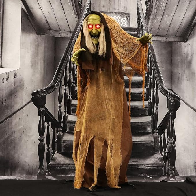 Haunted Hill Farm Talking Hunchback Witch, Halloween Animatronic with Movement and Lights for Battery Operated Scary Indoor or Covered Outdoor Halloween Decorations, Creepy Halloween Prop