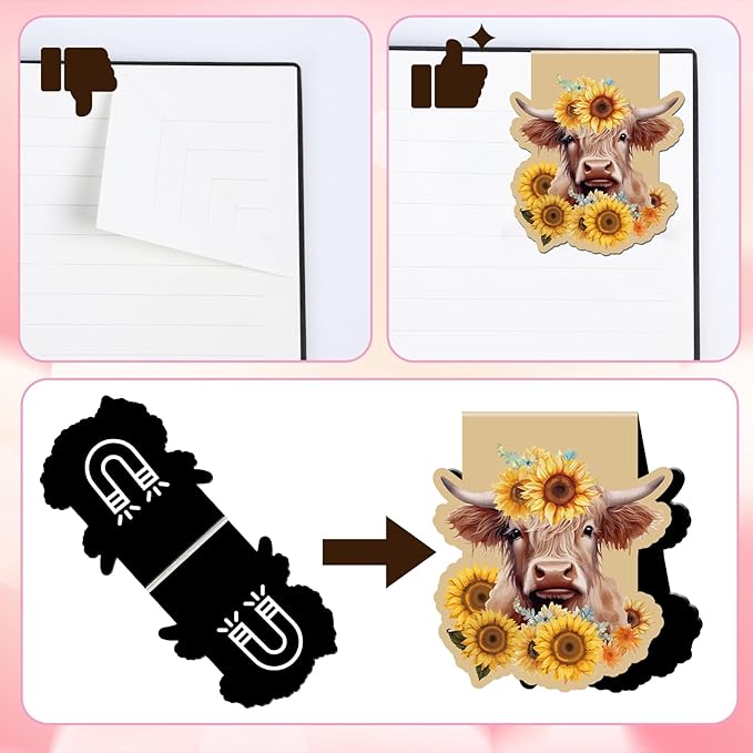 Highland Cow Magnetic Bookmark Gifts - Wxiben 12 Pcs Cow Print Book Marks Magnets Animal Magnetic Bookmarks Sunflower Cattle Bookmark Page Clip Gift for Book Lovers Teens Students Teacher Reading
