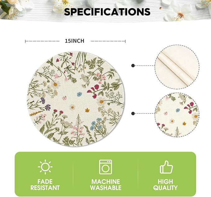 Artoid Mode Antique Herbs Wild Flowers Spring Round Placemats Set of 6, 14 Inch Summer Round Table Mats for Dining Decoration