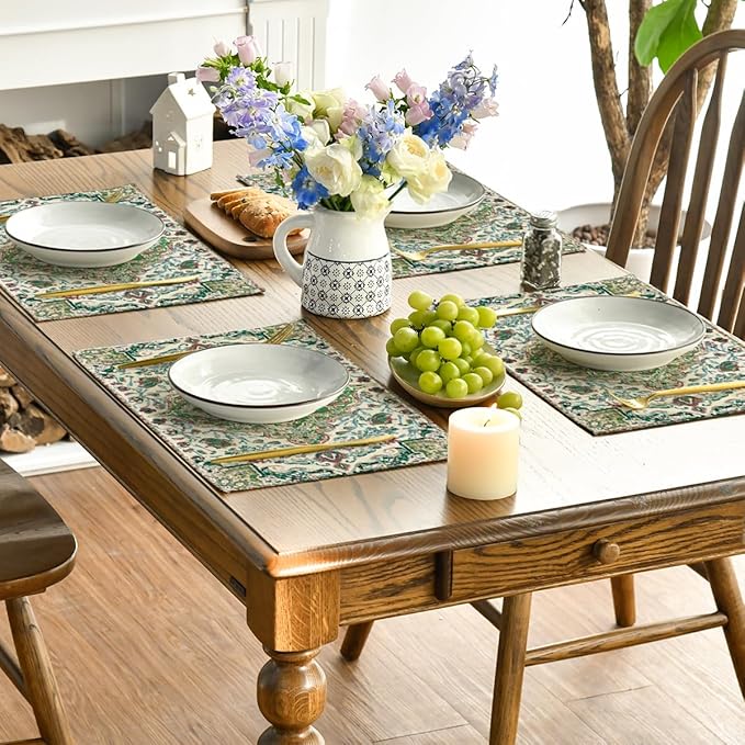 Artoid Mode Boho Placemats Set of 4, Daily Green Floral Bohemian Fall Table Mats for Home Party Dining Decoration 12x18 Inch