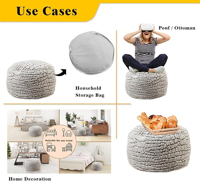 Asuprui Ottoman Pouf Unstuffed Pouf Ottoman Foot Rest 20x12 Inches Fuzzy Chair Round NO Filler Floor Bean Bag Chair Foot Rest with Storage for Living Room Bedroom Cover ONLY Coffee White