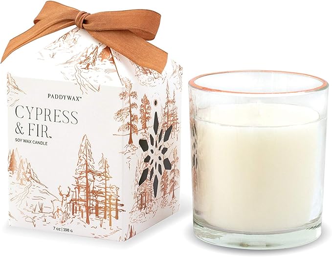 Paddywax Cypress & Fir Holiday Artisan Hand-Poured Scented Candle, 7-Ounce, White