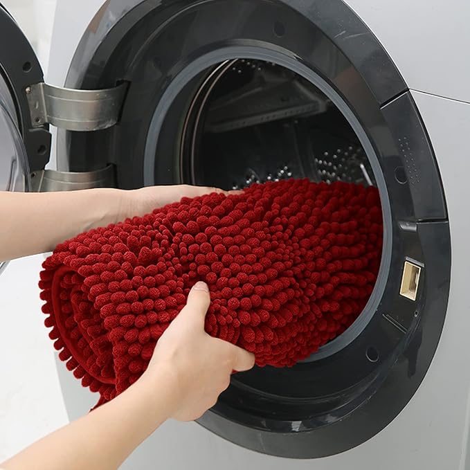 ACCUMTEK Striped Red Ultra Soft Bathroom Rugs and Mats Set 3 Pieces Rug Set, Thick Chenille Bath Rugs Non Slip Bath Mats for Bathroom, Toilet, Bedroom, Kitchen, Burgundy