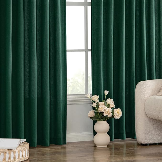 MIULEE Non-See-Through Privacy Linen Curtains 2 Panels, Christmas Emerald Green Light Filtering Window Curtains Textured Back Tab Semi Sheer Drapes for Bedroom Living Room, 52 x 84 Inches Long