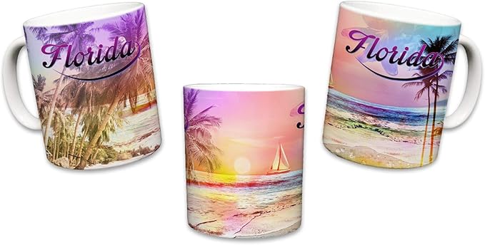 Sweet Gisele | Tropical Florida Beach Mug | Ceramic Coffee Cup Souvenir | Colorful Floral Design | Shoreline View Mugs | Beautiful Palm Tree Accents | Great Novelty Gift | 11 Fl. Oz (Multicolored)