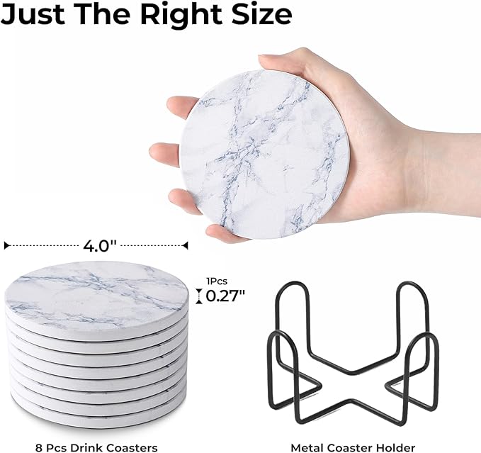 LIFVER Coasters Set of 8 for Drinks, White Marble-Style Anti-Slip Absorbent Drink Coasters with Holder, Modern Stone Coasters Ideal Housewarming Gifts for Home Patio Decor Coffee Bar Accessories