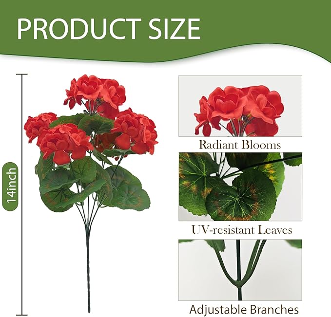Fake Outdoor Flowers, 4 Pcs Artificial Flowers For Outdoors, Red Artificial Geraniums Plastic Flowers, Fake Plant For Outside, Silk Faux Flowers For Outdoor Planters UV Resistant For Front Porch
