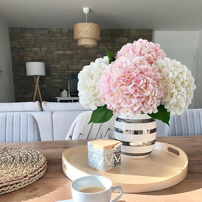 Silk Flowers Hydrangea Artificial Flowers, 4Pcs 22Inch Large Lifelike Faux Flowers, Full Fake Artificial Hydrangeas with Stems for Bouquet Table Centerpieces Home Decoration (White/Pink)