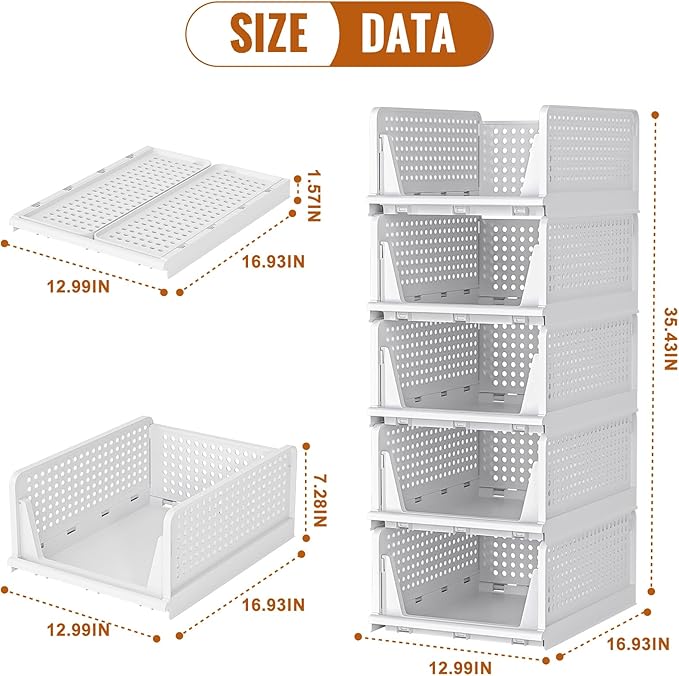 Neprock Clothes Organizers and Storage, 5 Pack Stackable Plastic Bins, Foldable Closet Organizers Drawers for Clothing storage (5L)(White)