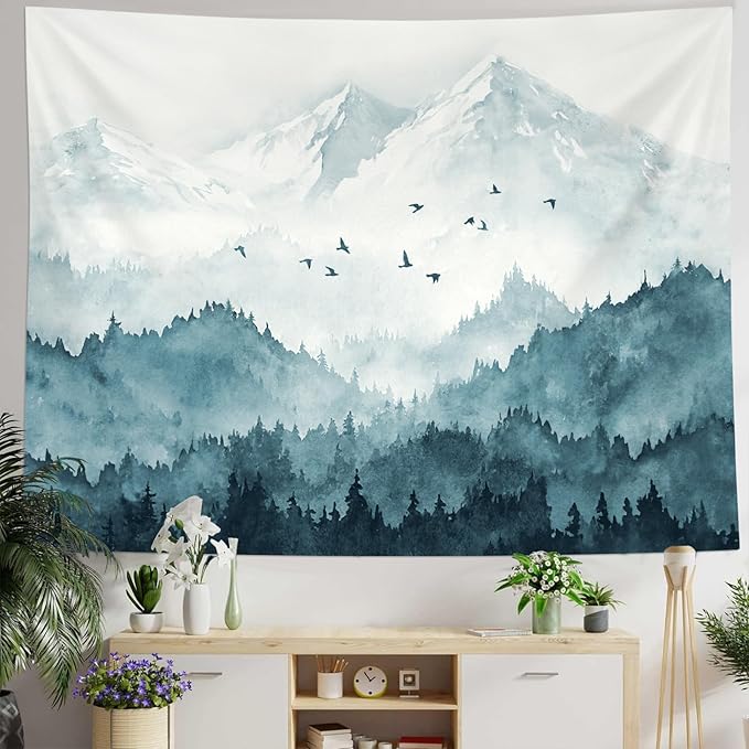 kampdream Mountain Forest Tapestry, Misty Foggy Teal Blue Tree Landscape Watercolor Art Wall Tapestries, Nature Scenery Tapestry for Bedroom Living Room Backdrop 44×60 inch