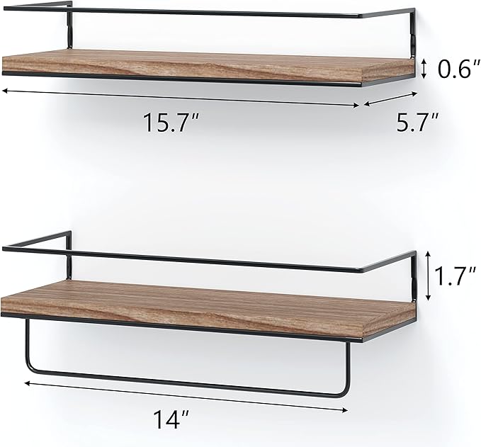 Shario Rustic Wood Floating Shelves - Set of 2, Wall Mounted Hanging Shelves with Black Towel Rack, Decorative Storage Shelves for Bathroom, Kitchen, Living Room & Bedroom (Light Brown)