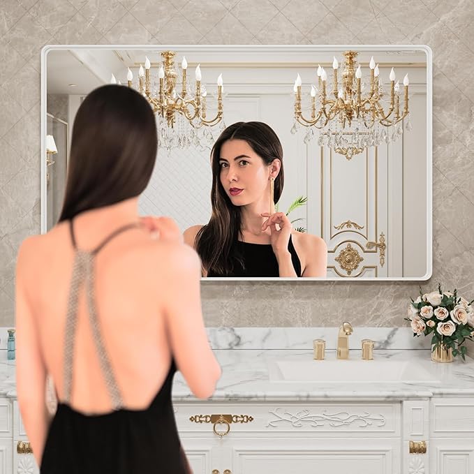 LOAAO 50x30 Inch White Metal Framed Bathroom Mirror for Wall, White Bathroom Vanity Mirror Farmhouse, Large Rounded Rectangle Mirror, Anti-Rust, Tempered Glass, Hangs Horizontally or Vertically