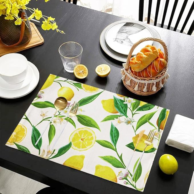 Lemon Table Placemats Set of 4 Place Mats Linen Washable Wipeable Placemats Heat Resistant Placemats Fabric Waterproof Rectangle Table Mat for Kitchen Dining Dinner 18 X 12 Inch, Lemon