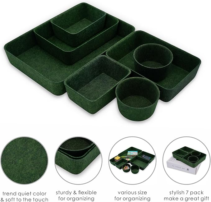 Welaxy quiet luxury Drawer organizer trays felt storage bin divider boxes office home interior cozy decor entryway catchall key holder makeup pens decluttering 7-piece gift idea (Forest Green)