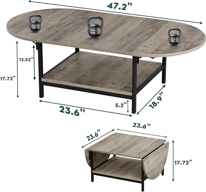 SAYGOER Coffee Tables for Living Room 2-Tier Extended Coffee Table with Storage Vintage Farmhouse Center Table for Large or Small Spaces, Foldable, Gray Wash