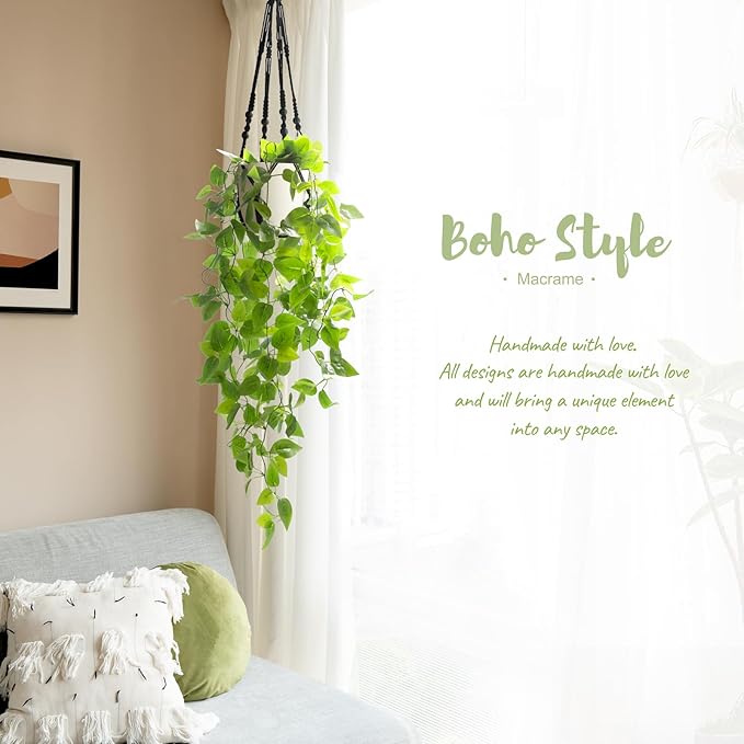 Mkono Fake Hanging Plant with Pot, Artificial Plants for Home Decor Indoor Macrame Plant Hanger with Fake Vines Faux Hanging Planter Greenery for Bedroom Bathroom Kitchen Office Decor (1, Black)