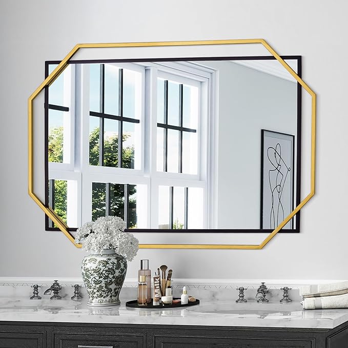 Large Living Room Wall Mirror with Decorative Metal Frame, Black and Gold Bathroom Mirror, Dining Room, Entryway (48.5"x32.5")