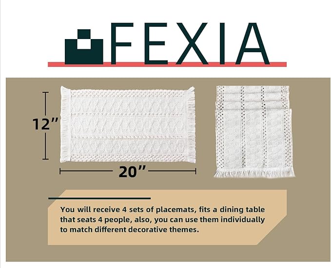 FEXIA Boho Placemats Set of 4, Macrame Table Decor and Farmhouse Style Placemats Natural Cotton Burlap, for Dining Table Kitchen