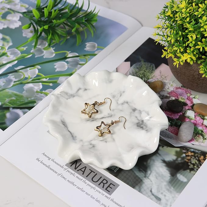 Lotus Leaf White Marble Pattern Soap Dish Ceramic Soap Holder Self Draining Soap Dish Waterfall Slot Sponge Holder Bathroom Accessories for Bathroom, Kitchen,Bar Counter