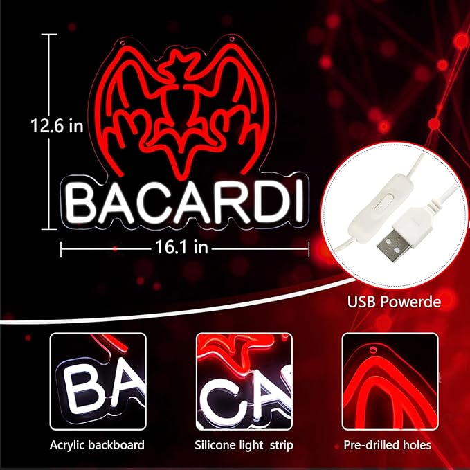 Bacardi Rum neon commercial sign for bar wall decor,USB Powered Decorative Bar Open Sign for Home Bar Store Party Decor,Neon Lights for Man Cave