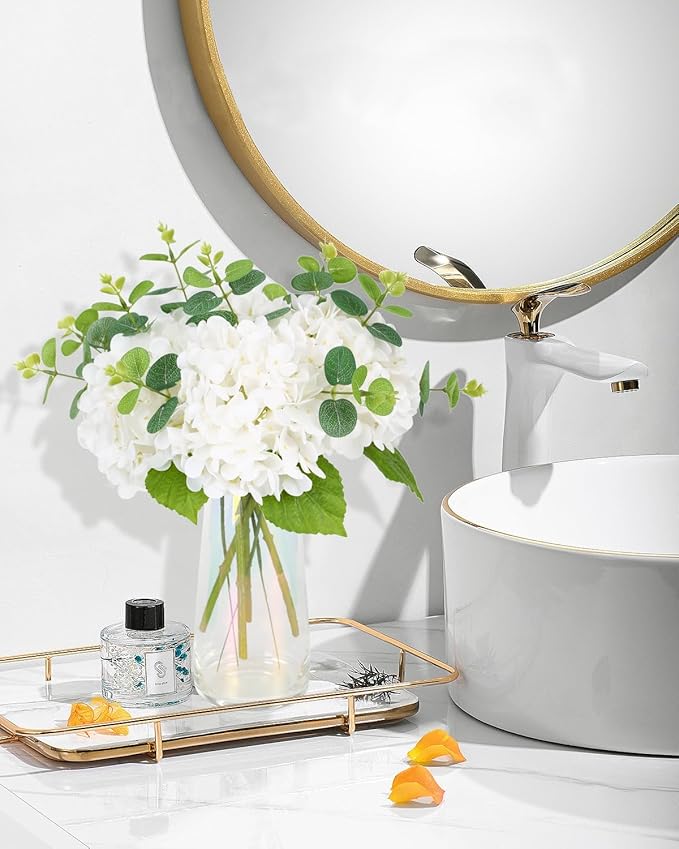 Tifuly Fake Hydrangea Artificial Flowers with Vase 4pcs 3D Real Touch Faux Hydrangea and 3pcs Eucalyptus Stems for Wedding Centerpiece Home Party Table Decoration(White)
