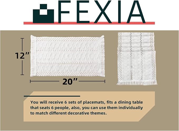 FEXIA Boho Placemats Set of 6, Macrame Table Decor and Farmhouse Style Placemats Natural Cotton Burlap, for Dining Table Kitchen