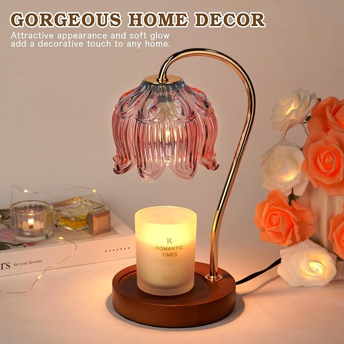 Dimmable Candle Warmer Lamp with Timer, Electric Candle Warmer Lamp, Birthday Gifts for Women, Mom, Female Friend, Flower Candle Lamp Warmer Gifts, Pink Aromatic Candle Lamp for Vintage Home Decor