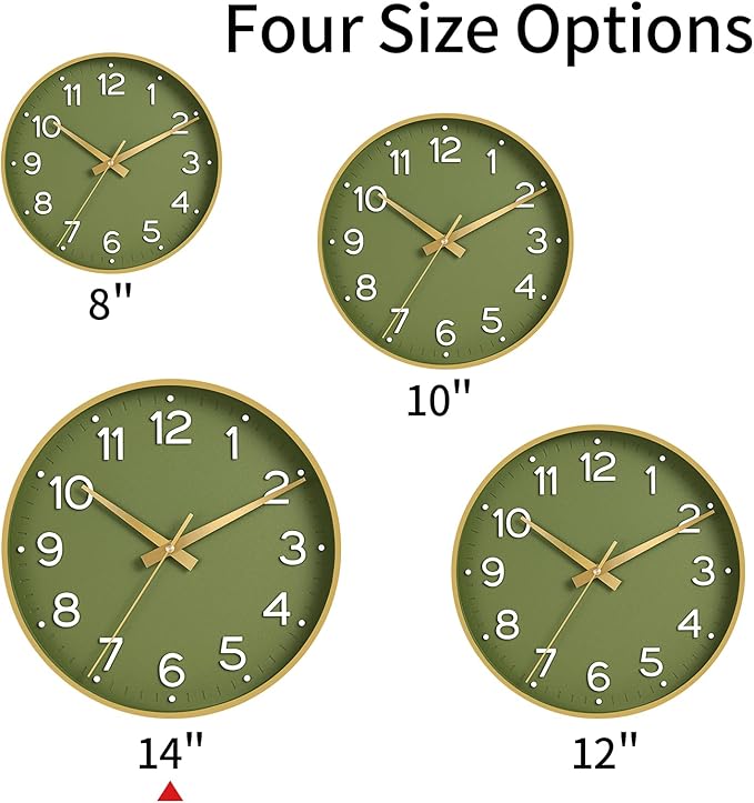 Wall Clock 14 Inch Silent Green Wall Clocks Battery Operated- Modern Non Ticking Analog Clock Decorative for Living Room Bedroom Office Kitchen(Gold)