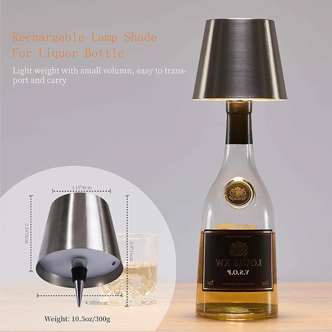 Rechargeable Bottle Lamp, LED Wine Bottle Light Ambient Light for Desk Table Bar Decor, Bottle Lamp Shade for Whiskey Wine Liquor Bottle, Shiny Silver