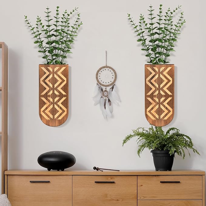 2 Pack Wooden Wall Vase Set, Wall Planter for Indoor Plants, Modern Farmhouse Art with Carving, Boho Wall Decor for Entryway, Hallway, Bathroom, Living Room, Dining Room
