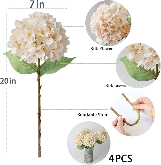 mizii 4Pcs Beige Artificial Hydrangea Flowers Large Fake Silk Hydrangea Flower with Leaves Stems Realistic Faux Hydrangeas Decorations for Wedding Table Centerpieces Vase Home Decor (Beige)
