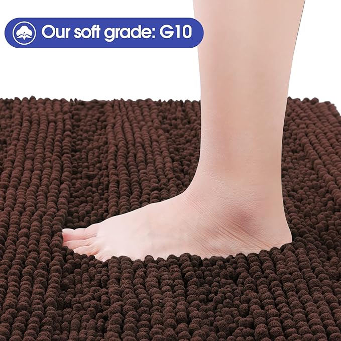 ACCUMTEK Striped Brown Bathroom Rug Mat 32"x20" Ultra Soft, Non Slip Chenille Bath Rugs, Absorbent Plush Shaggy Bath Mats for Bathroom, Bedroom, Kitchen, Shower, Tub