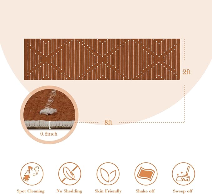 LIVEBOX Burnt Orange Runner Rug for Kitchen, 2'x8' Boho Washable Rug Runner for Hallway,Moroccan Cotton Long Entryway Area Rug Indoor Carpet for Bedroom Laundry Doorway Entry