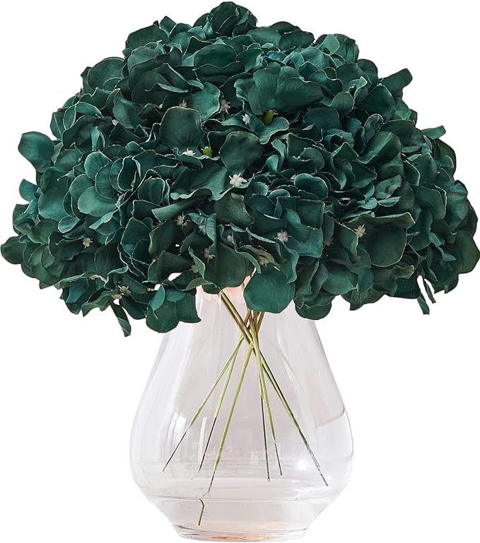 Artificial Hydrangea Flowers Emerald Green Heads 10 Fake Hydrangea Silk Flowers for Wedding Centerpieces Bouquets DIY Floral Decor Home Decoration with Stems.