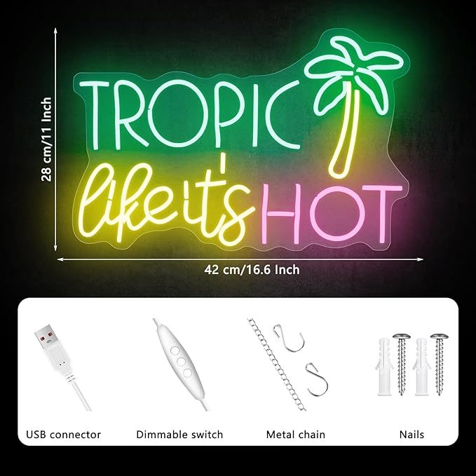 Tropic Like It's Hot Neon Sign, Neon Signs for Wall Decor, Dimmable Led Signs for Bedroom, Light Up Signs for Bar Hawaii Aloha Tiki Beach Luau Themed Poor Summer Party Decorations