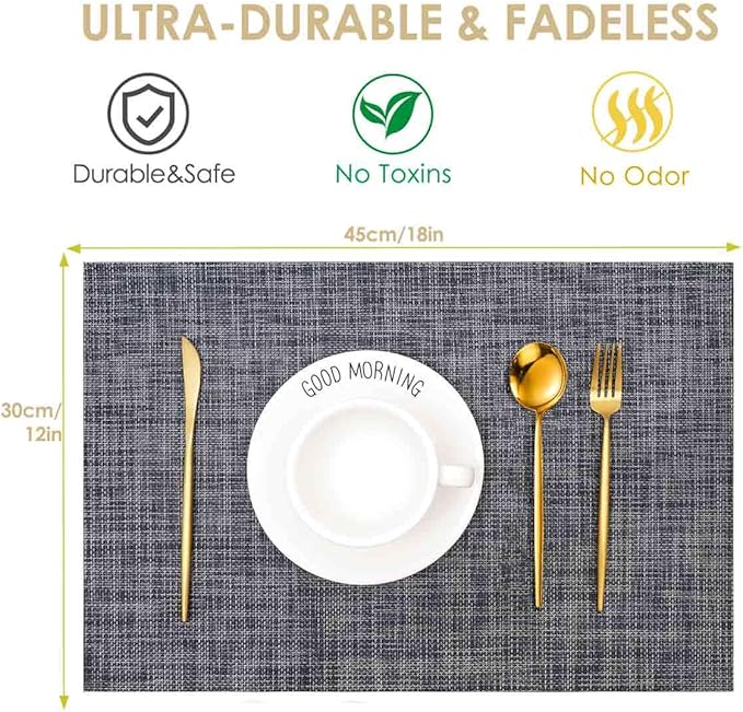 GIVERARE Placemats Set of 4, Heat-Resistant Woven Vinyl Placemat 12x18in, Non-Slip Washable PVC Table Mat, Easy to Clean Premium Plastic Mats for Dining, Kitchen Table (Dark Gray)