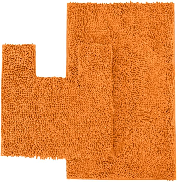 Orange Bathroom Rugs Chenille 2-Piece Bath Mat Set, Soft Plush Bath Rug +Toilet Mat.1'' Microfiber Shaggy Carpet, Super Absorbent Machine Washable - Square Curved Set (20”x 30” + 20”x20” U, Orange)