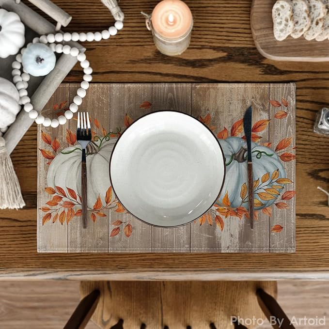 Artoid Mode Blue Pumpkin Wood Grain Fall Placemats Set of 4, 12x18 Inch Seasonal Thanksgiving Holiday Table Mats for Party Kitchen Dining Decoration