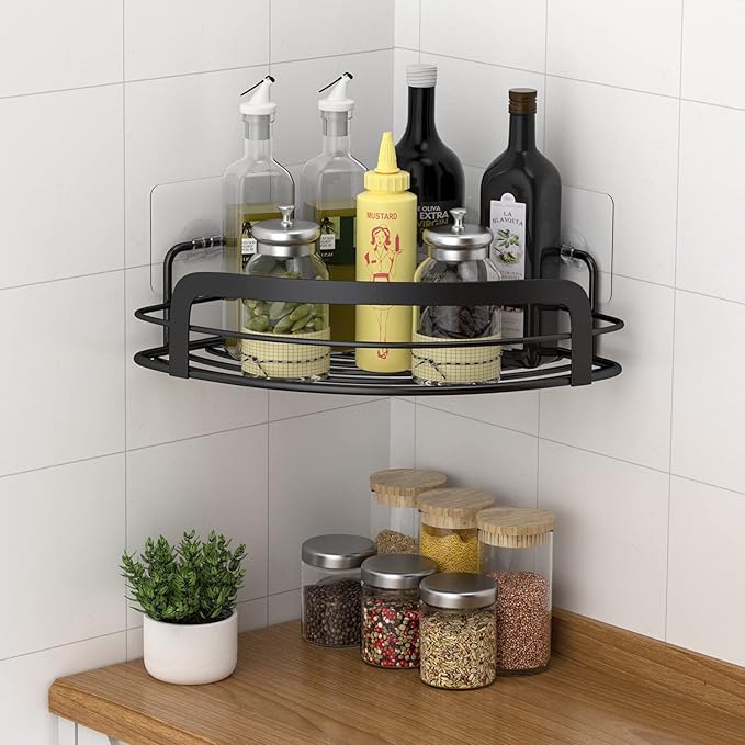 STEUGO Black Bathroom Corner Shower Shelfs, Adhesive Wall Mounted Shower Caddy with 4 Movable Hooks, Rustproof Stainless Steel Bathroom Shower Organizer, No Drilling Wall Mount 2-Pack
