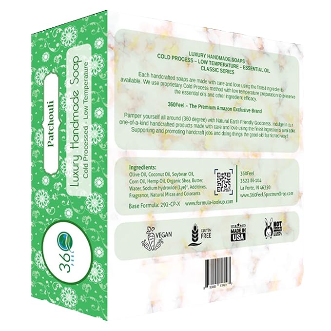360Feel Patchouli Soap - Handcrafted Castile Patchouli Soap Bar with Soothing Scent - Handmade with Essential Oils - A Gift for Anniversaries, Weddings, and Holiday Stockings - Rich Lather - 5 Ounce