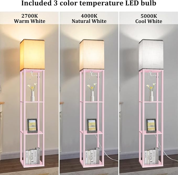 Dott Arts Floor Lamp with Shelves, Floor Lamps for Living Room Decor Display Shelf Lamps with 3 Color LED Bulb, Modern Floor Lamp for Bedroom Standing Lamp for Living Room Office,Home Decor(Pink)