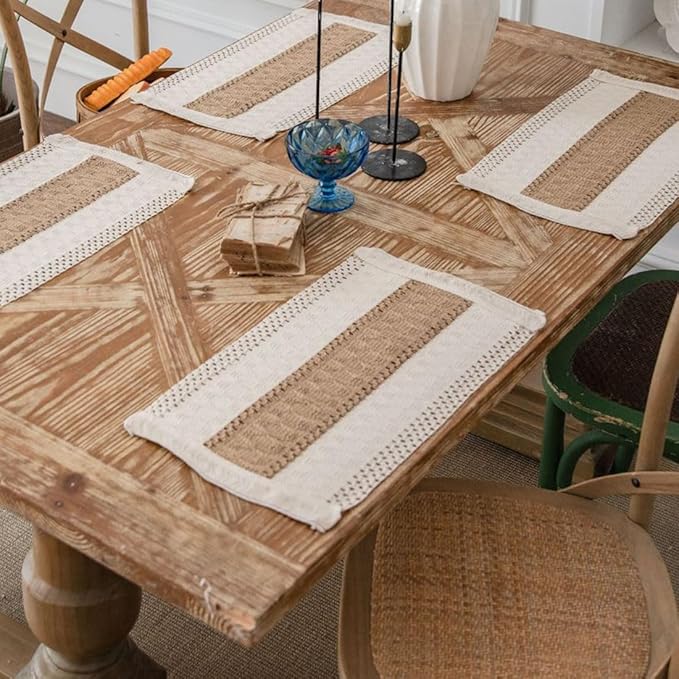 Boho Placemats Set of 4, Burlap Place Mats for Kitchen Table 12x19 Inches, Splicing Woven Rectangular Table Mats, Farmhouse Style Fall Table Decor for Rustic Wedding Bridal Shower