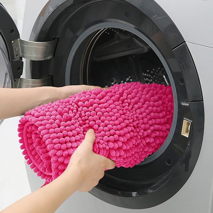 ACCUMTEK Striped Hot Pink Bathroom Rug Set 3 Pieces Ultra Soft, Non Slip Chenille Toilet Mat, Absorbent Plush Shaggy Bath Mats for Bathroom, Bedroom, Kitchen, Peach