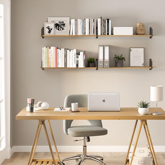 Wallniture 2pc 60x6inch Rustic Floating Shelves, Paulownia Wood, Burnt, for Living Room, Bedroom, Kitchen, Home Office, Book Shelf, 20kg Capacity