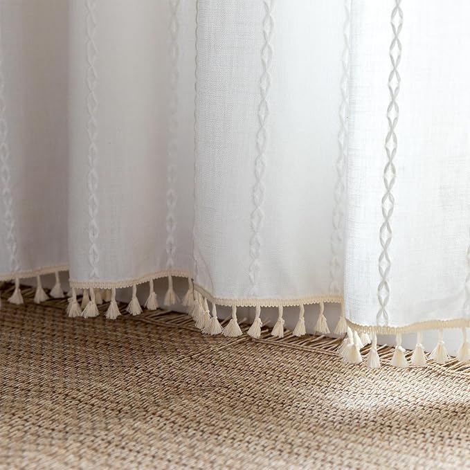 Sutuo Home Boho Valance Curtains 18 inches for Kitchen Cafe Dining Room, Short Farmhouse Vintage Tassels Window Treatment Bohemian Stripe Embroidery Drape, Rod Pocket 1 Panel 52" W x 18" L, White