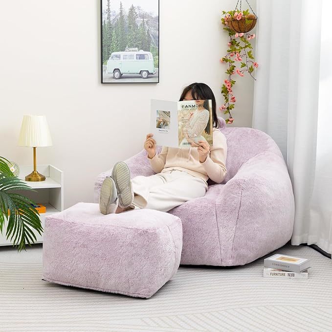 HollyHOME 15"(H) Bean Bag Ottoman Pouf, 6.6LB Memory Foam Filled Footstool for Sofa, Accent Stuffed Footrest Stool with Washable Cover, Single Footrest Stool for Living Room, Bedroom, Purple&Grey
